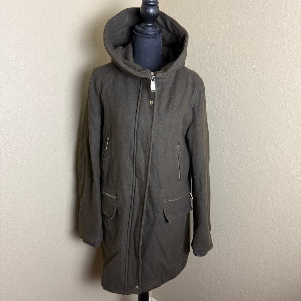 Calvin Klein Womens M Olive Wool Blend Hooded Parka Coat Quilted Lined